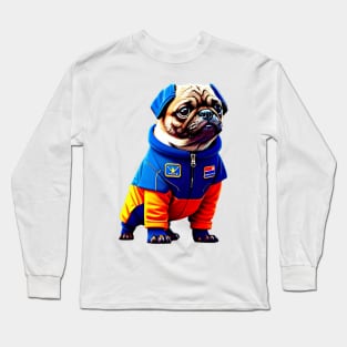 Cute Pug in Orange Space Suit - Adorable Dog Astronaut Design Long Sleeve T-Shirt
